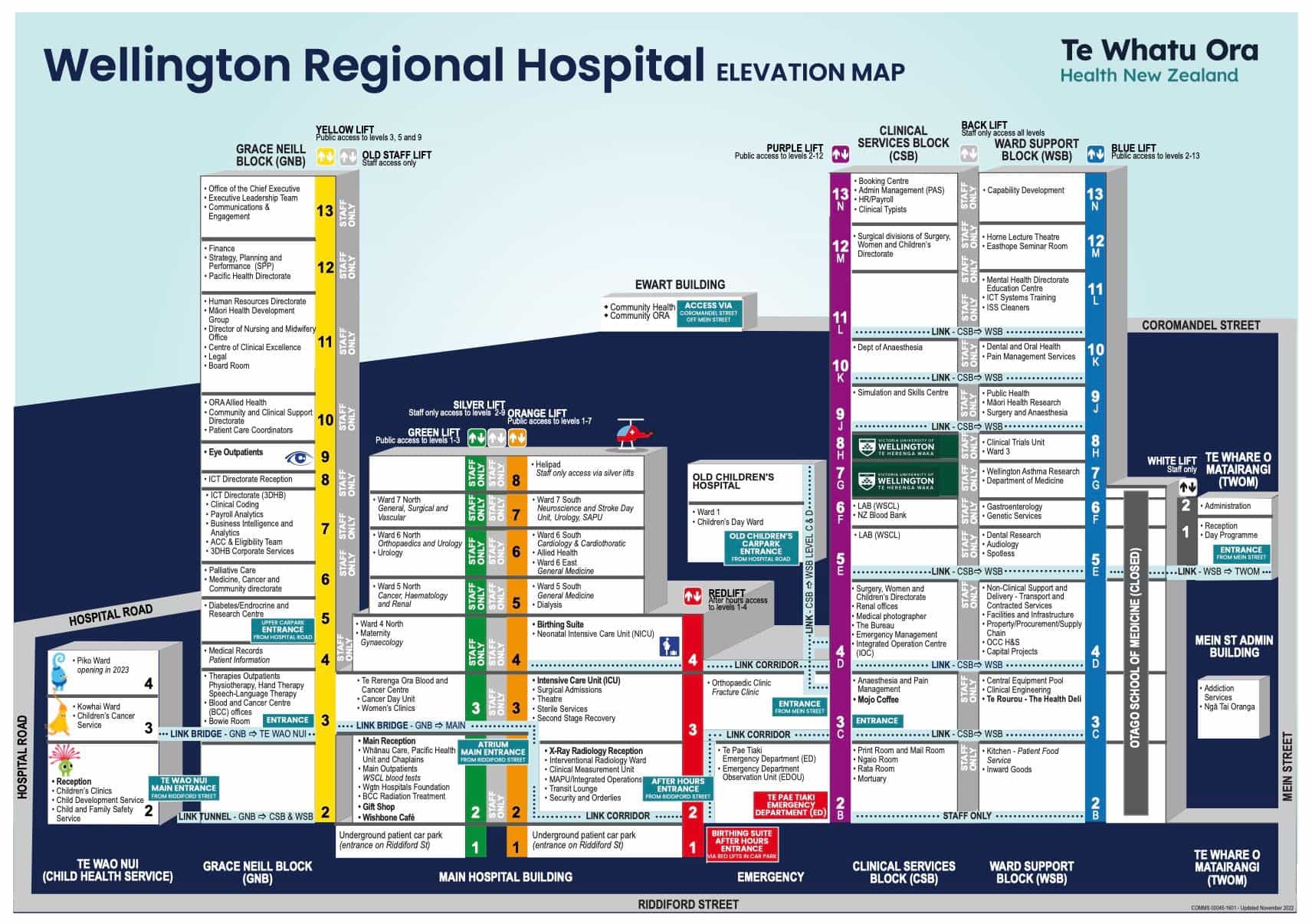 Map of Wellington Regional Hospital in cross-section